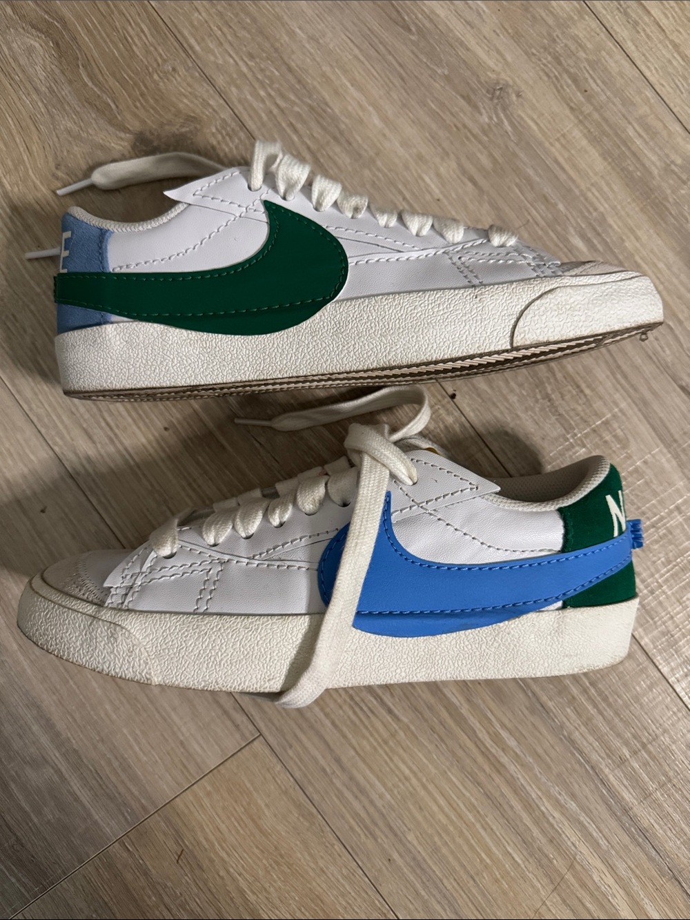 Nike White Low-Top Sneakers with Green and Blue Swooshes - Picture 2 of 5
